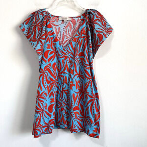 Loft Flutter Sleeve Top M‎ Red Turquoise V Neck Summer Boho Leaves Tee Popover